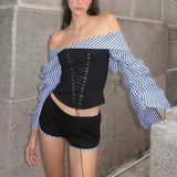 Tineit 2000s Sweet Hot Girl Sexy Suit Women Autumn Striped Bubble Sleeve Off Shoulder Top Low Waist Shorts Two Piece Set Female Clothes