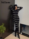 Tineit Elegant Knitted Striped Flare Sleeve Long Dress Women Slim Lapel Single Breasted Female Contrast Dresses 2024 Autumn Lady Robes