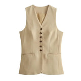 Tineit Women Vest Skirt Sets Female Khaki Long Blazer Vest V Neck Sleeveless Slim Top+Elegant High Waist A Line Skirt Suit