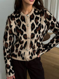 Tineit Leopard Print Knitted Cardigans Women O-neck Soft Single Breasted Loose 2025 Winter Sweater Female Fashion Chic Long Sleeve Coat