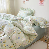 Tineit Ins Korean Style Duvet Cover Set with Flat Sheet Pillowcase No filler Washed Cotton Queen Full Twin Cute Floral Bedding Set