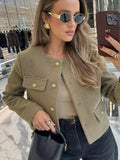 Tineit New Elegant Women's Round Neck Short Jacket Fashion Solid Color Single Breasted Long Sleeved Coat Autumn Ladies Gentle Outerwear