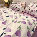 Tineit Purple Tulip Bedding Set INS Bed Linens Duvet Cover 150x200 Double Queen King Quilt Cover Soft Polyester Bedclothes Flat Sheets