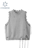 christmas outfit Tineit Knitted Sweater Vests For Women O-Neck Oversized Pullovers Loose Thicken Jumper Female Casual Ripped Hole Sweaters Spring New