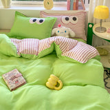 Tineit Cute Korean Style Duvet Cover Set No Filler Green Pink Mix Color Flat Sheet Pillowcases Polyester Twin Queen Size Bed Linens