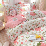 Tineit Ins Pink Flowers Bedding Set Flat Bed Sheet Pillowcase Twin Full Queen Size Nordic Bed Linen Women Girls Floral Duvet Cover Set