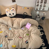 Tineit Korean Style Fresh Bedding Set Water Washed Cotton Cute Towel Embroidered Duvet Covers, Bed Sheets, Dormitory