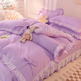 Tineit Green Bedding Sets Kawaii Seersucker Bed Sheet Pillowcase Fashion Girl Princess Duvet Cover 4 Pieces Cute Home Decoration