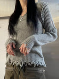 Tineit 2024 Fall Fashion Ribbed Tattered V Neck Sweater