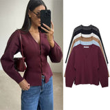 Tineit Women's Front Hook Fitted Knit Cardigan Sweater Women V Neck Long Sleeves Side Split Hem Female Outerwear Chic Tops Fashion