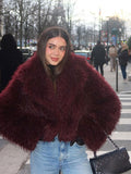 Tineit Chic Fluffy Faux Fur Women's Warm Cropped Coat Elegant Long Sleeve Thick Thermal Furry Jacket 2024 New Winter Fashion Streetwear