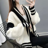 thanksgiving outfit Tineit Patchwork Sweater Women Knitted Loose Elegant Black White Fashion Cardigan Lazy Strip V-Neck Long Sleevekorean Female Jumpers