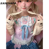 Tineit Summer Y2k Japanese Sweet Cute Soft Girl Lace T-shirt Bow Flying Sleeves Cat Ear Tank Top العاب جنسية  민소ë§?í‹?여성 Y2k Top