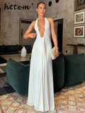 Tineit Sexy Deep V-neck Long Party Dress Women Halter Sleeveless Backless Ruched Female Dresses 2024 Autumn Lady Elegant Evening Gown