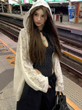 Tineit Hooded Lace Jackets for Women Fashion Summer Long Sleeve Oversized Coat Thin Y2k Tops Korean See Through Outwear 2025 Ropa Mujer