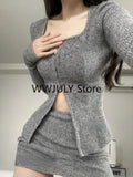 Tineit 2025 Autumn New Grey Casual Knitted Suits Sexy 2 Piece Skirt Set Woman Elegant Y2k Crop Tops + High Waist Slim Mini Skirt Korean