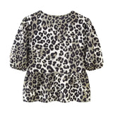 Tineit Leopard Shirt Summer Crop Top Puff Sleeve Blouse With Lace-up Closing New Women's Clothing