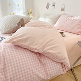 Tineit 2024 New Bedding Set Ins Nordic Style Pink Grid Washed Cotton 4 pcs Bed Sheet Set For Girls Duvet Cover and Pillowcase