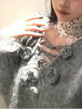 Tineit Autumn Winter Knitted Sweater Suit Woman Casual Basic Lace Tops Long Sleeve Loose Sweater Pullovers Korean Fashion Clothing Set