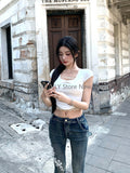 Tineit 2025 New Pure Color Causal Basic Blouse Woman Short Sleeve Slim Y2k Crop Tops Outfits Korean Style Sweet Lace Tees Chic