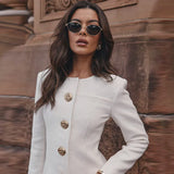 Tineit Elegant O-neck Solid Female Coat Set Full Sleeves Single Breasted Women Jacket Sets 2025 Autumn Casual Slim Lady Short Pant Suit