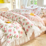 Tineit Princess Style Bedding Set Cute Korean Ruffles Single Double Queen Size Duvet Cover Sheet Pillowcase Girls Bedspread