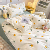 Tineit Ins Style Duvet Cover Set with Flat Sheet Pillowcases Cute Orange Cherry Crow Printed Single Double Queen Size Girls Bedding Kit