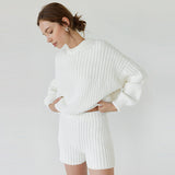 Tineit Casual Knitted Sweater Shorts Sets Women Loose Solid Striped Pullovers Elastic Short Pants 2024 Spring Autumn Lady Chic Outfits