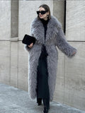 Tineit Women's Fashion Grey Warm Faux Fur Long Coat 2024 Luxury Lapel Full Sleeve Thick Fluffy Overcoat Winter Casual Female Streetwear