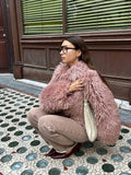 Tineit Elegant Pink Women's Cropped Warm Faux Fur Jacket Fashion Winter Thermal Long Sleeve Fluffy Coats New Ladies Chic Street Outwear