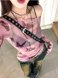 Tineit 2025 Sweet Two Pieces Set Long Sleeve T Shirts + Sleeveless Tank Top Grunge Y2k Aesthetic Butterfly Printing See Through Tops