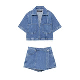 cold weather outfits Tineit 2024 Spring Summer Casual Denim Women Suits Fashion Pockets V Neck Pullover Half Sleeve Shirts+Chic Mini Shorts Skirts