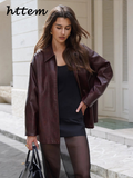 Tineit Fashion Wine Red Faux Leather Jacket Women Loose Lapel Long Sleeve Zipper Female Coat 2024 Autumn Lady Vintage Elegant Outwear