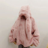 Tineit Winter Oversized Warm White Faux Fur Coats Women Clothes Bunny Ears Kawaii Sweet Cute Japanese Y2k Tops Fluffy Jacket Hoodie