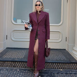 Tineit Woolen Burgundy Long Blazer Coat Women Single Breasted Notched Loose Long Sleeve Shoulder Pads Thicken Suit Jacket Female Office