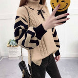 thanksgiving outfit Tineit Twisted Turtleneck Pullover Sweater Women Lantern Sleeves Striped Pactchwork Fall Winter Warm Knitted Sweater Casual Lazy Tops