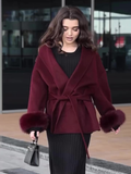 Tineit 2025 Burgundy Elegant Lace Up Faux Fur Cuffs Woolen Coat New Women's Fashion Long Sleeve Lapel Jacket Temperament Ladies Outwear