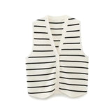 Tineit Ladies Fashion Vintage Front Button Striped Knit Women Sweater Vest V Neck Sleeveless Waistcoat Chic Cardigan Vest Tops Female