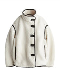 Tineit White Lamb Wool Chic Coat Women Single Breasted Stand Collar Striped Warm Loose Chic Overcoat 2025 Winter Long Sleeve Jacket Top