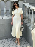 Tineit Elegant Knitted Hollow Out  Dress For Women Fashion Solid Single Breasted Short Sleeved Slim Dresses New Lady Commuting Robe