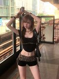 Tineit Summer Woman 2000s Vintage Leopard Shorts Sets Casual Y2k Crop Tops Slim Fashion Shorts Hot Girls Aesthetics Sweet Suit Design