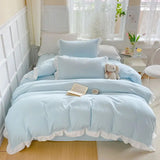 Tineit Korean Princess Style Duvet Cover Set No Filling Pink Blue Soft Washed Cotton Girls Favorite Ruffles Bed Linen Pillowcases