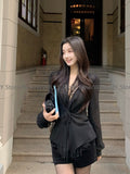 Tineit Office Lady Elegant Black Lace Shirt Woman Coquette Aesthetic Sexy V Neck Blouse Vintage Solid Korean Style Tops Woman Chic