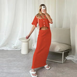 Tineit Casual Knit Hollow Out Skirt Sets Women 2 Pieces Loose Lapel Button Short Sleeve Crop Top Long Skirts 2024 Summer Lady Outfits