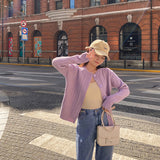 thanksgiving outfit Tineit Purple Knitted Sweater Women Fashion Casual Long Sleeve Straight Button Cardigan Solid Elastic Vertical Pit Stripe Fall Jumpers