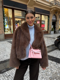 Tineit Chic Brown Big Lapel Collar Fluffy Faux Fur Loose Coat Women Luxury Long Sleeve Warm Furry Jackets Ladies Winter Street Outwear