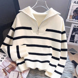 thanksgiving outfit Tineit Korean Striped Knit Pullover Women Half Zip Casual Loose Lazy Autumn Winter Jumpers Pretty Style Basic Warm Female Sweater