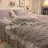 Tineit Pink Ruffled Seersucker Duvet Cover Set 3/4pcs Soft Lightweight Down Alternative Grey Bedding Set with Bed Skirt and Pillowcases