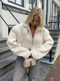 Tineit 2024 New White Chic Women's Lamb Wool Cropped Coat Fashion Loose Zipper Lapel Full Sleeved Jackets Female Warm Casual Streetwear