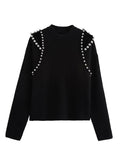 Tineit Beading Knitted Sweater Women Elegant Loose Long Sleeve 2025 Spring Pullovers Female All-match Street Black Sweaters Jumper Top